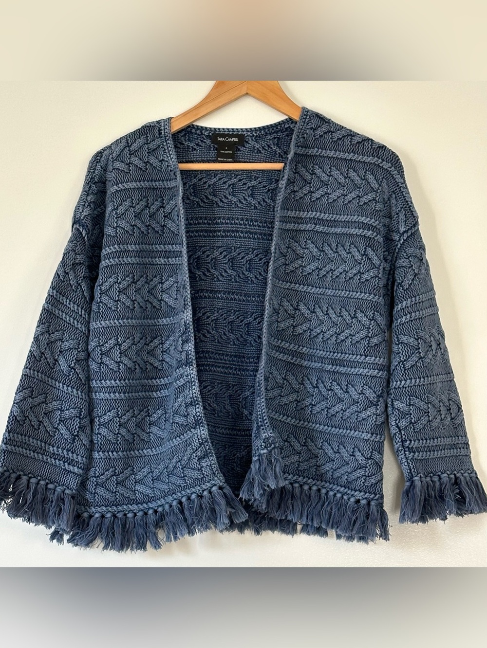 Sara Campbell 100% Cotton Cable Knit Fringe Cardigan Blue Coastal Boho Small